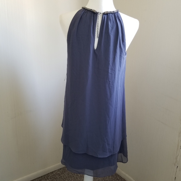 SLNY S.L. Fashions Solid Chiffon Split Front Halter Dress, Steel Grey, 8P Petite - Picture 7 of 15